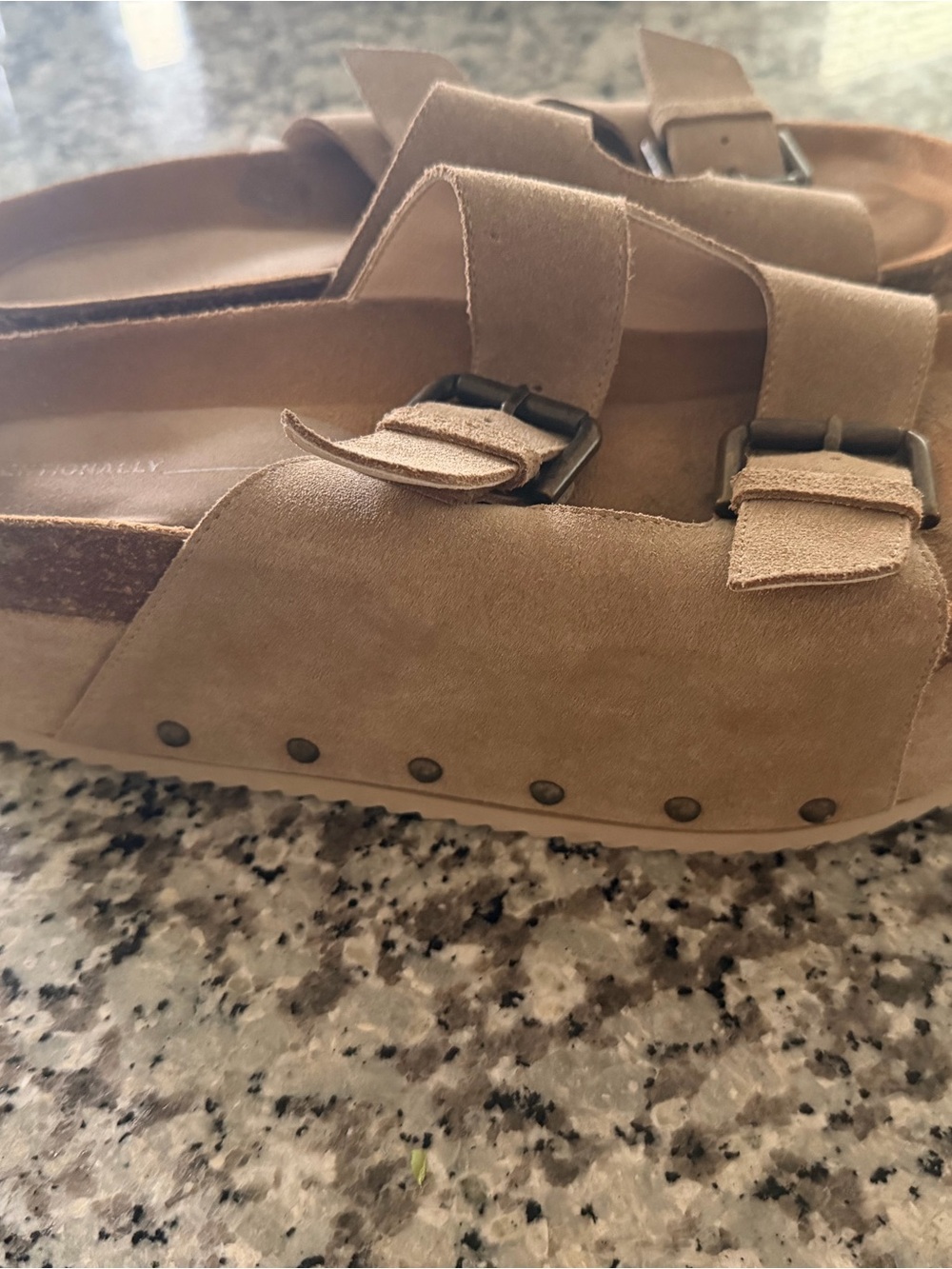 Free People Rule Breaker Flatform Suede Double-Buckle Platform Sandals in Tan